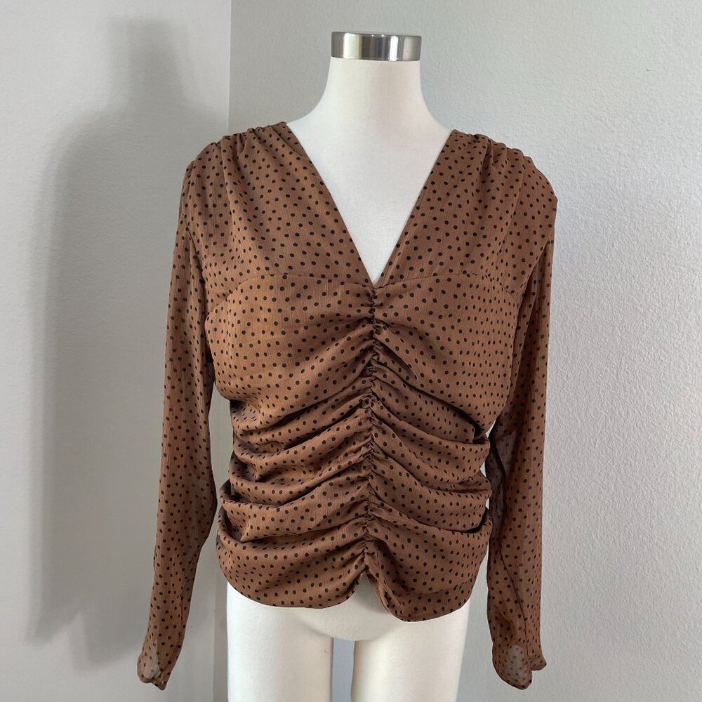 NEW EXPRESS Womens XL Brown Black Polka Dot Ruched Front‎ Blouse Long Sleeve